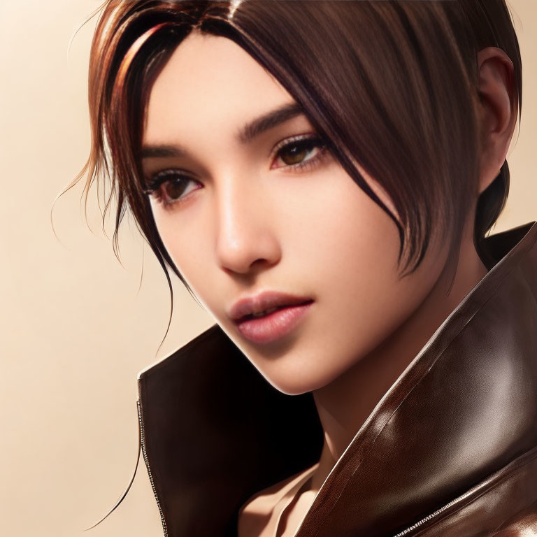 Portrait of person with short dark hair in brown leather jacket