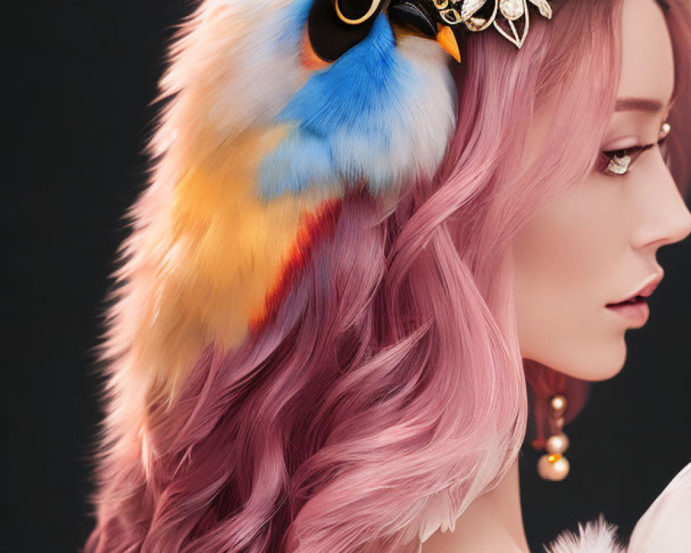 Surreal image: Woman with pink hair merged with bird plumage