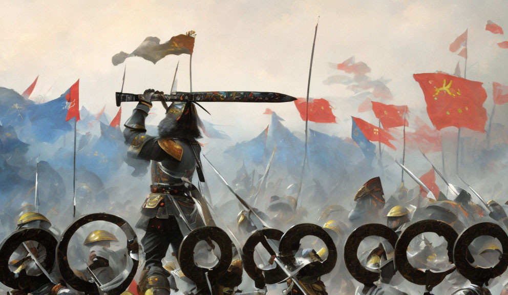 Armored samurai with flags in smoky battlefield signaling formation of warriors.