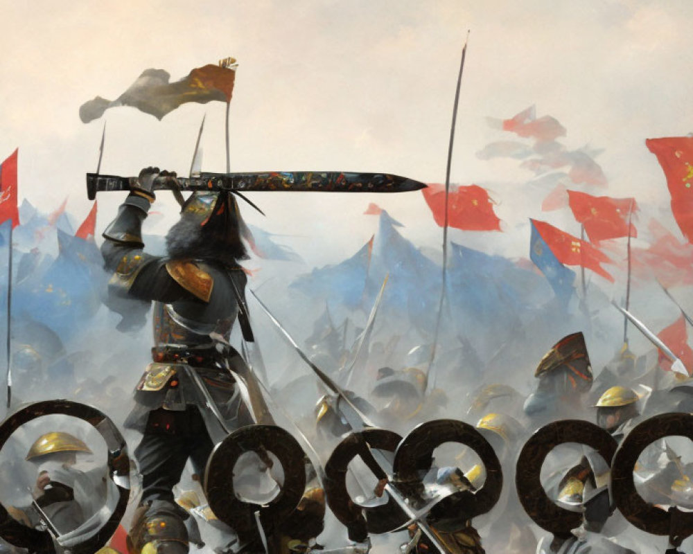 Armored samurai with flags in smoky battlefield signaling formation of warriors.