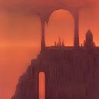 Surreal red landscape with towering spires and distant planet