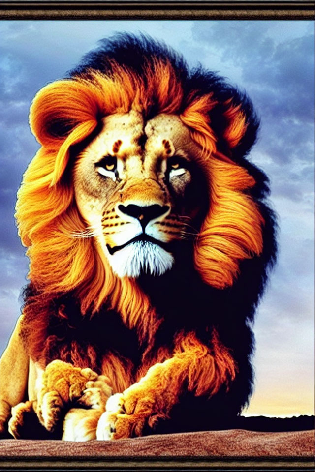 Majestic lion with lush mane against twilight sky backdrop