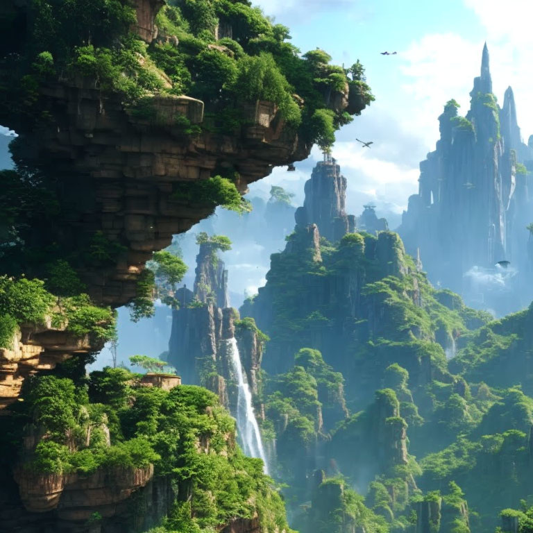 Fantastical landscape with floating rock islands and waterfalls