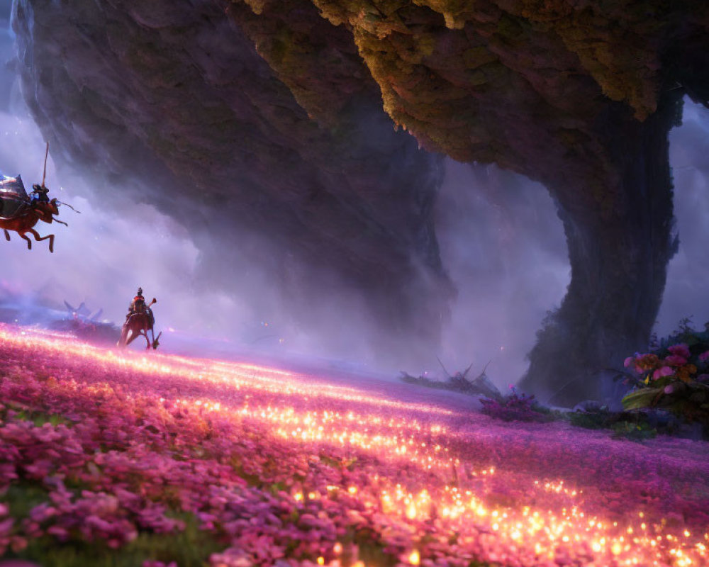 Enchanted forest scene with two knights on glowing pink path