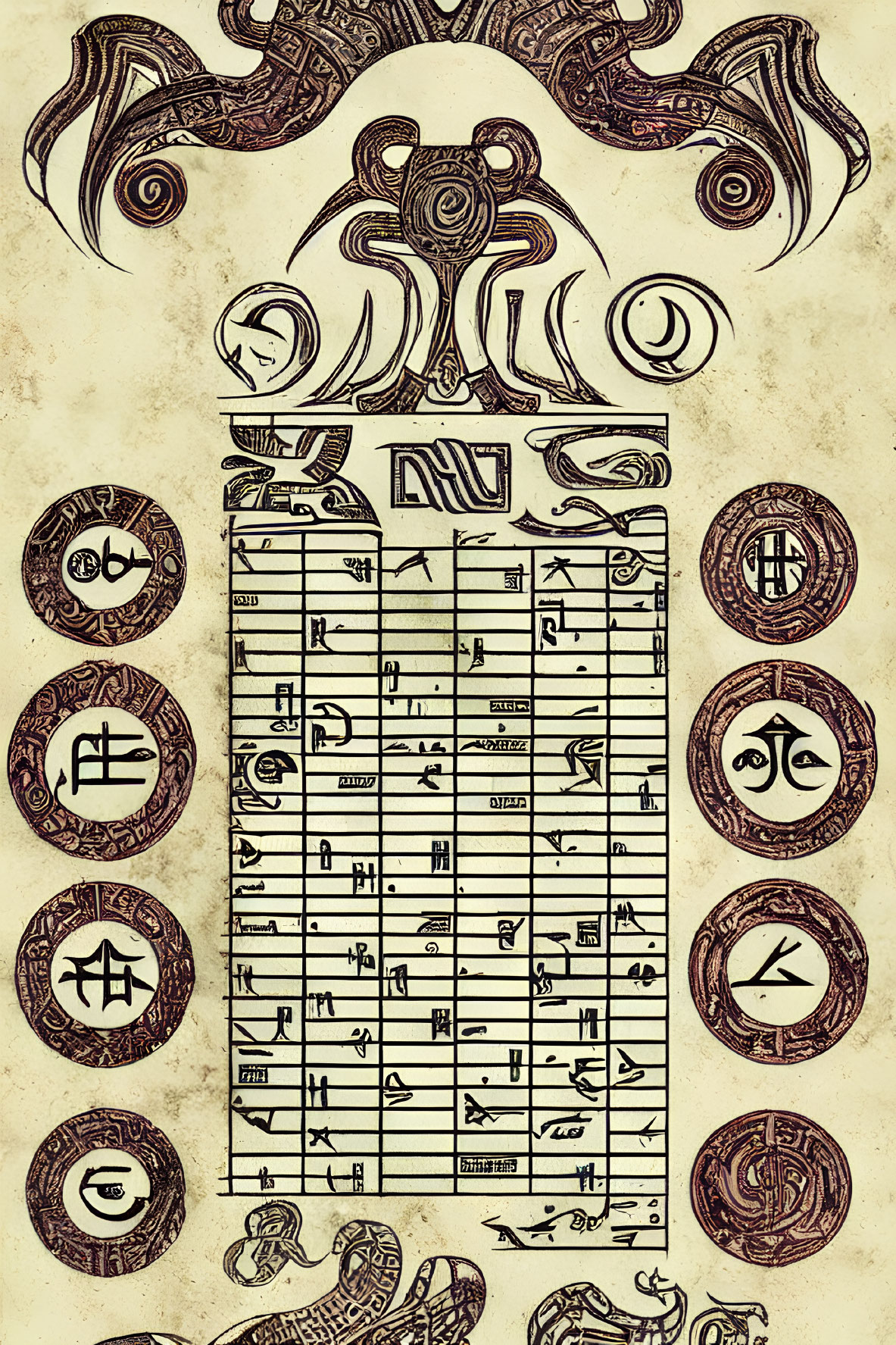 Vintage musical staff with alchemical symbols and cephalopod motif