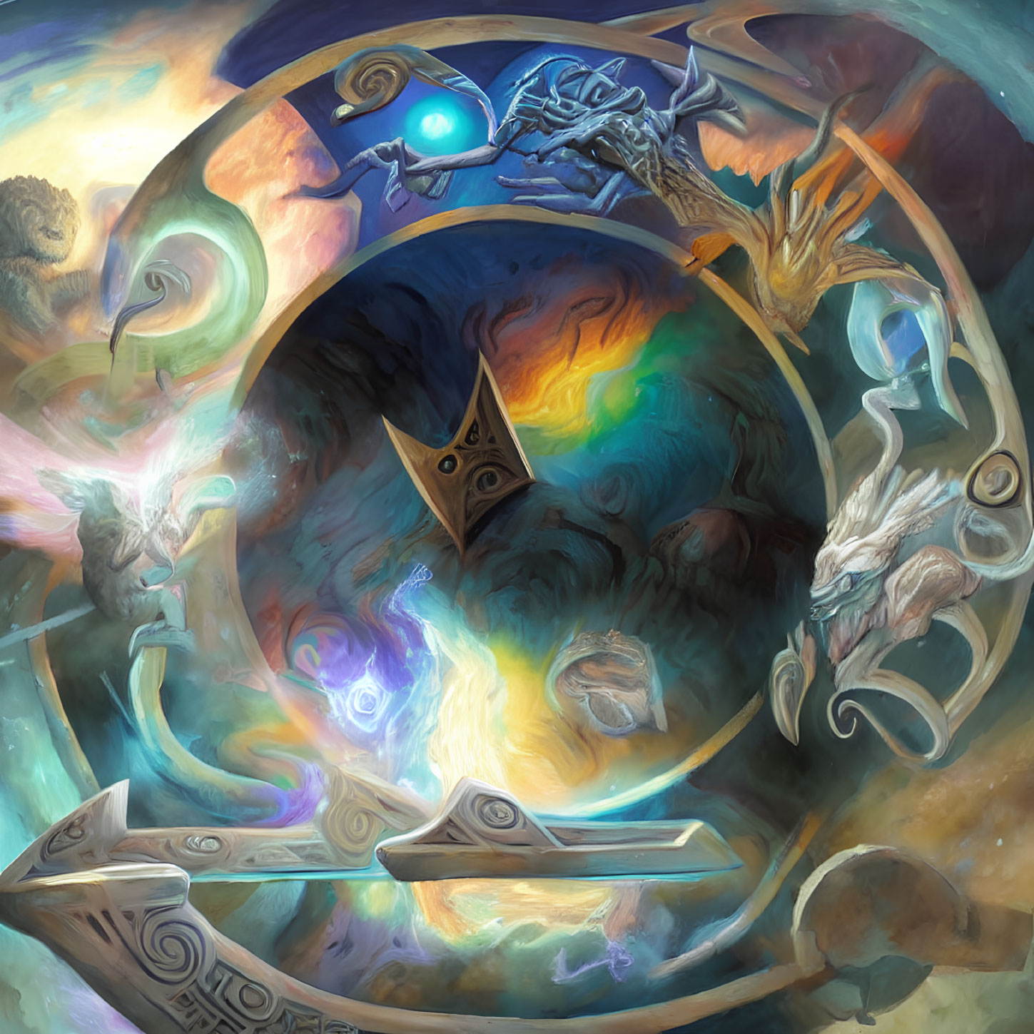 Fantasy-themed illustration of ornate celestial portal with mythical creatures.