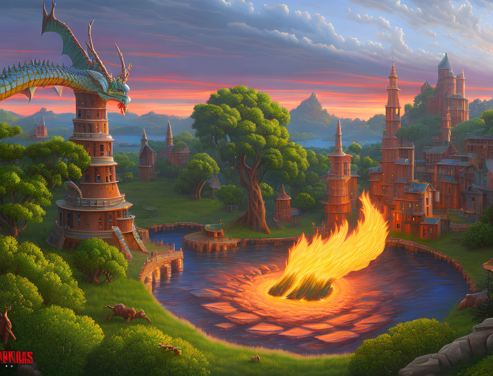 Fantastical sunset landscape with fire-breathing dragon circling tower and whimsical village.