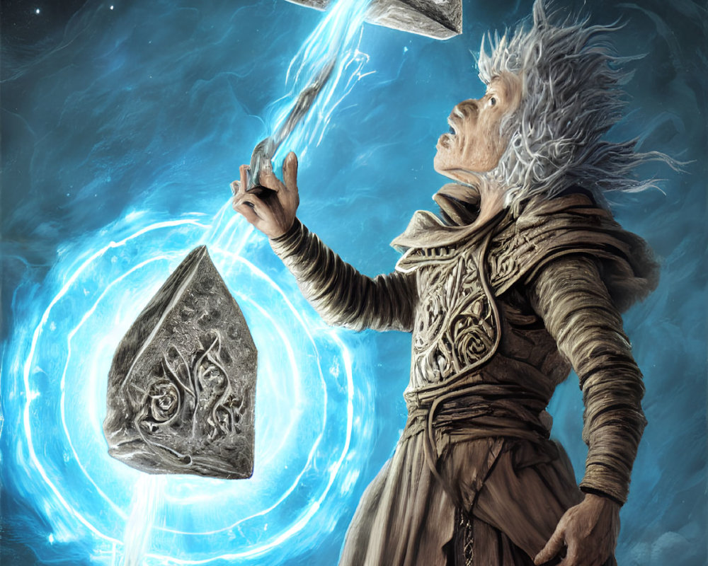 Elderly sorcerer casting magic with rune-etched stones under starry sky