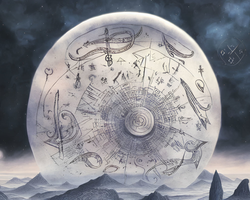 Large Transparent Moon with Intricate Symbols in Mystical Night Landscape