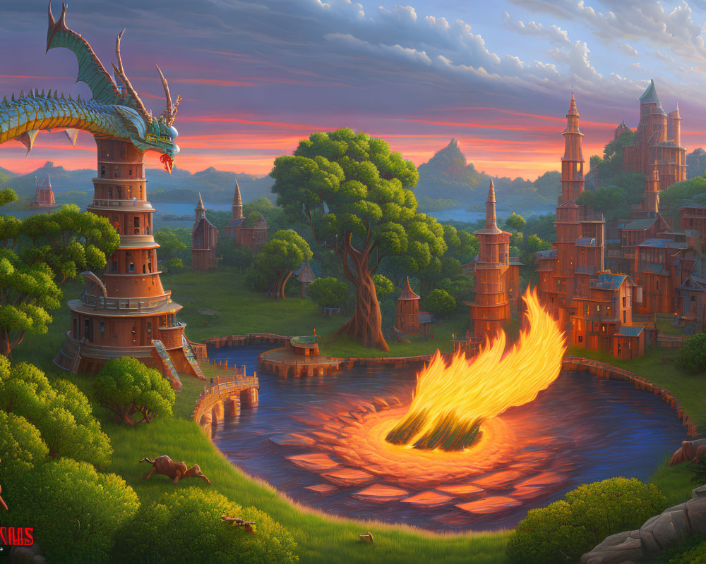 Fantastical sunset landscape with fire-breathing dragon circling tower and whimsical village.