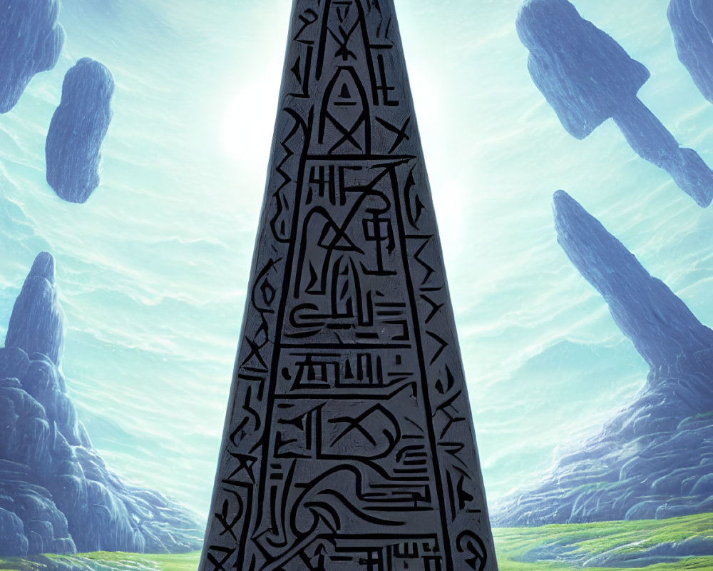 Intricately etched obelisk in mystical landscape with floating rocks and dual suns