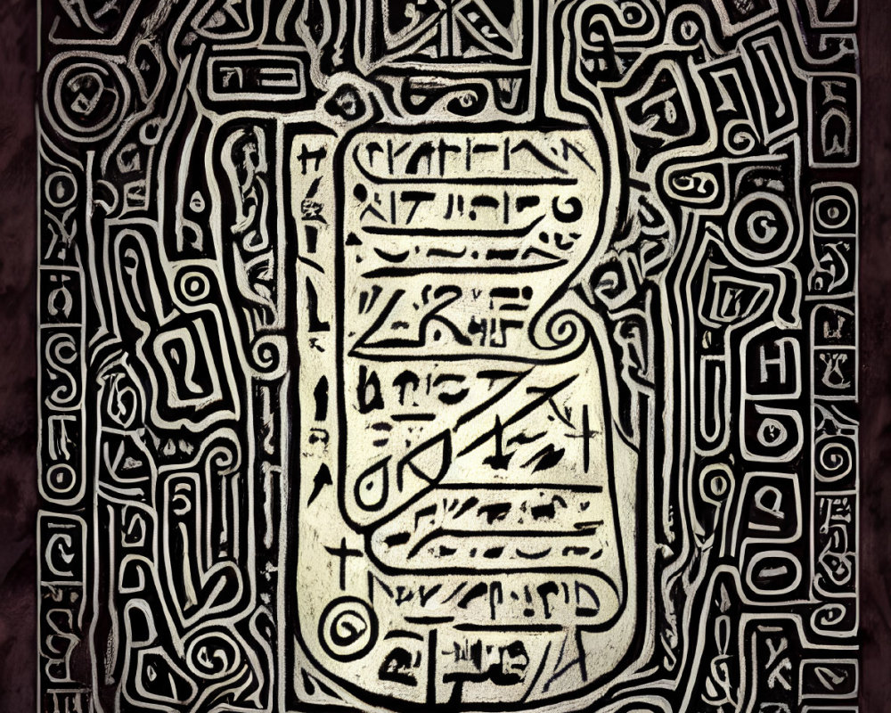 Detailed black and white image of textured ancient manuscript with inscriptions and intricate border.