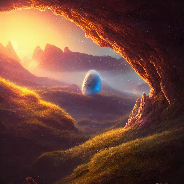 Glowing planet view from cavern at sunset with grassy plains