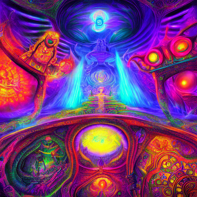 Colorful Psychedelic Artwork with Celestial Beings and Vibrant Patterns