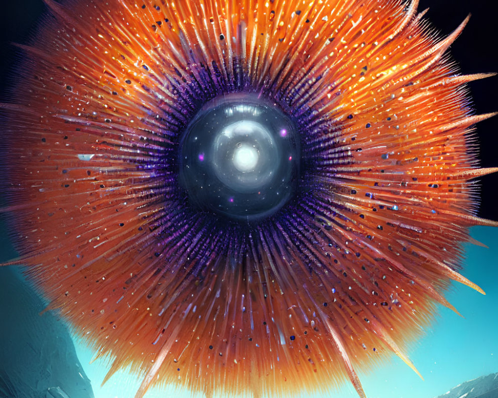 Colorful cosmic entity with central eye and radiant spikes on starry backdrop