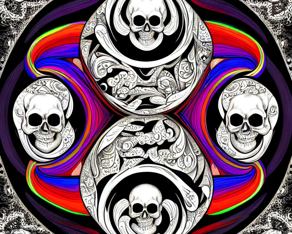 Monochrome floral pattern with rainbow swirl and skulls