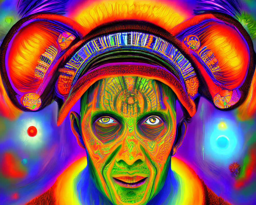 Colorful Psychedelic Portrait with Elaborate Headdress