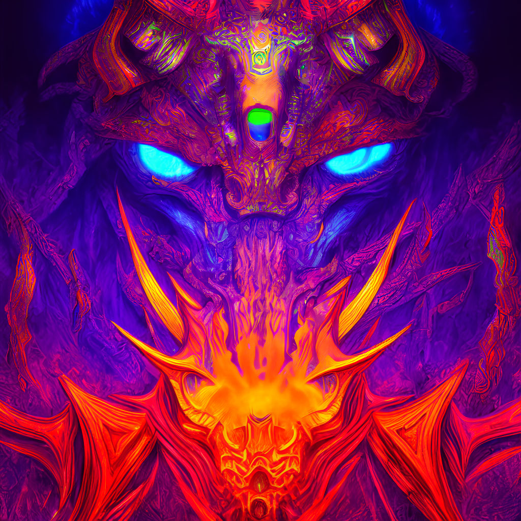 Colorful digital artwork: Dragon with glowing blue eyes and fiery orange accents on vibrant purple and blue backdrop