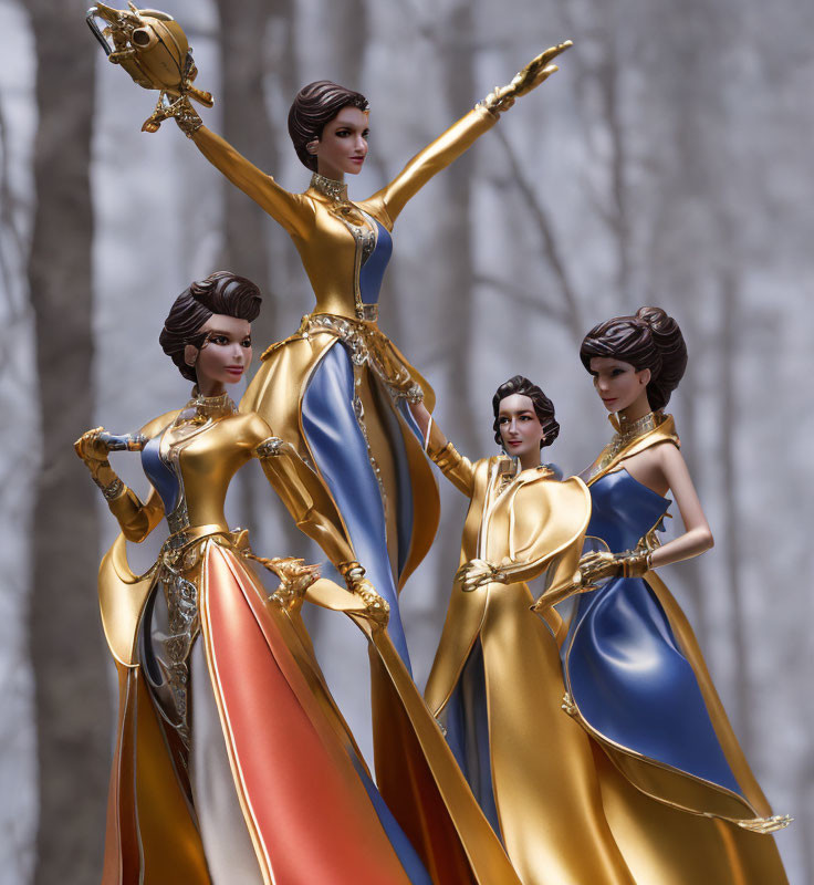 Elegant figurines in gold and blue gowns against woodland backdrop