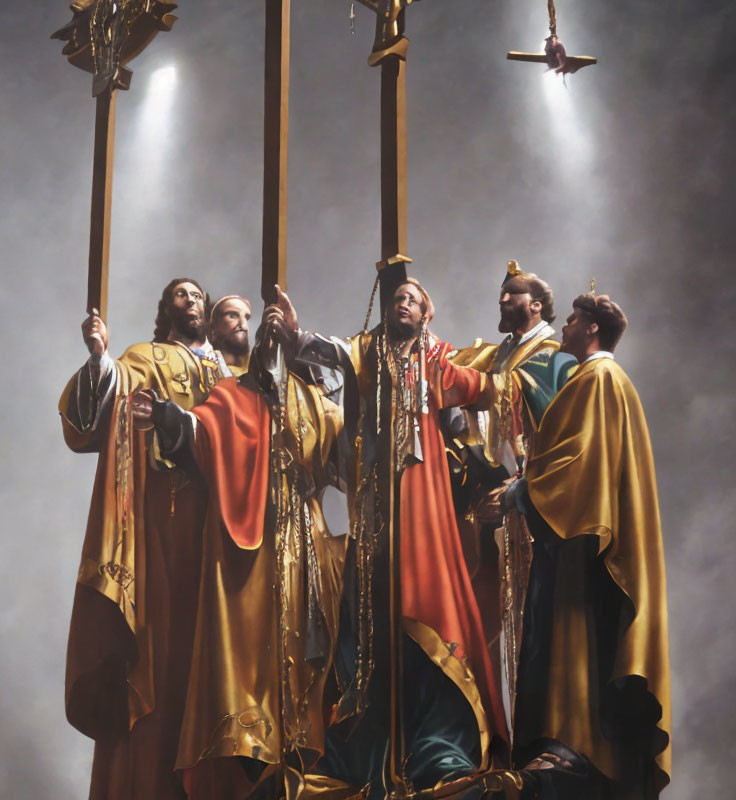 Five Individuals in Medieval Costumes with Long Staffs in Dramatic Lighting