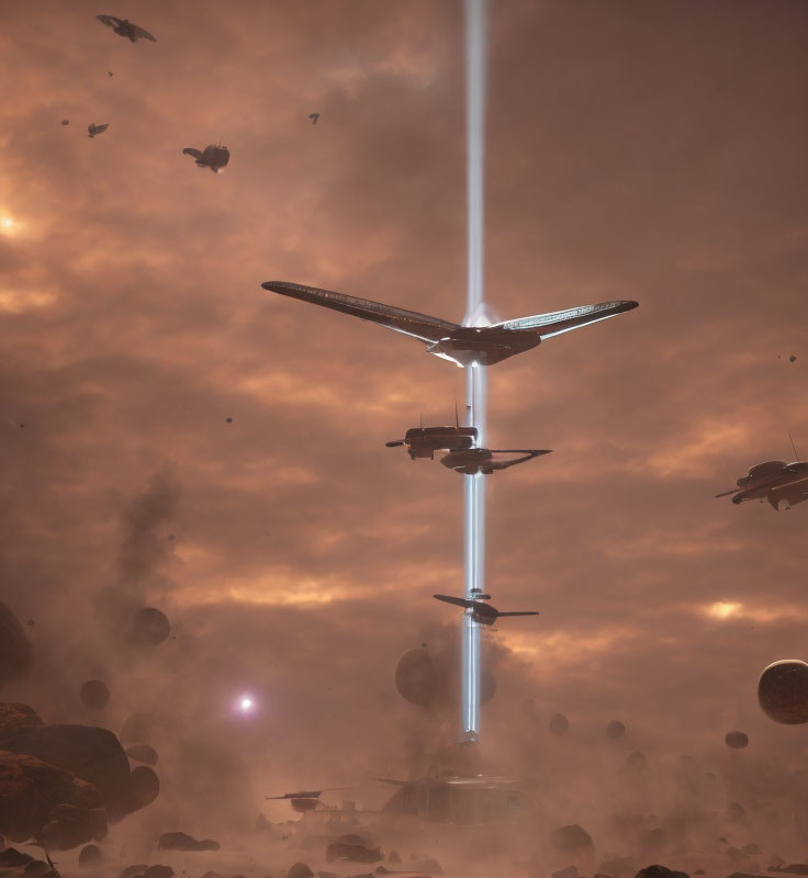 Spaceship descending through dusty orange atmosphere with bright beam and floating rocks.