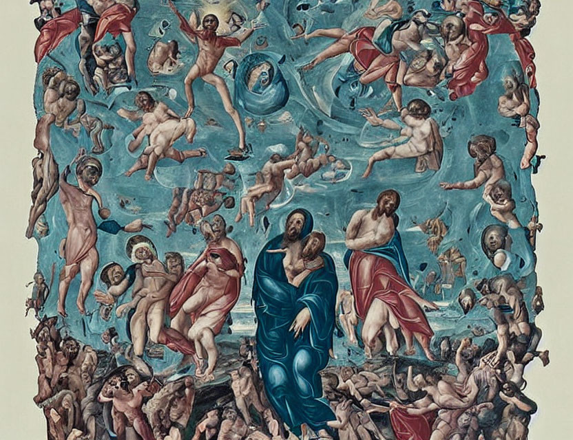 Religious scene with central figures in blue and red robes surrounded by interacting bodies