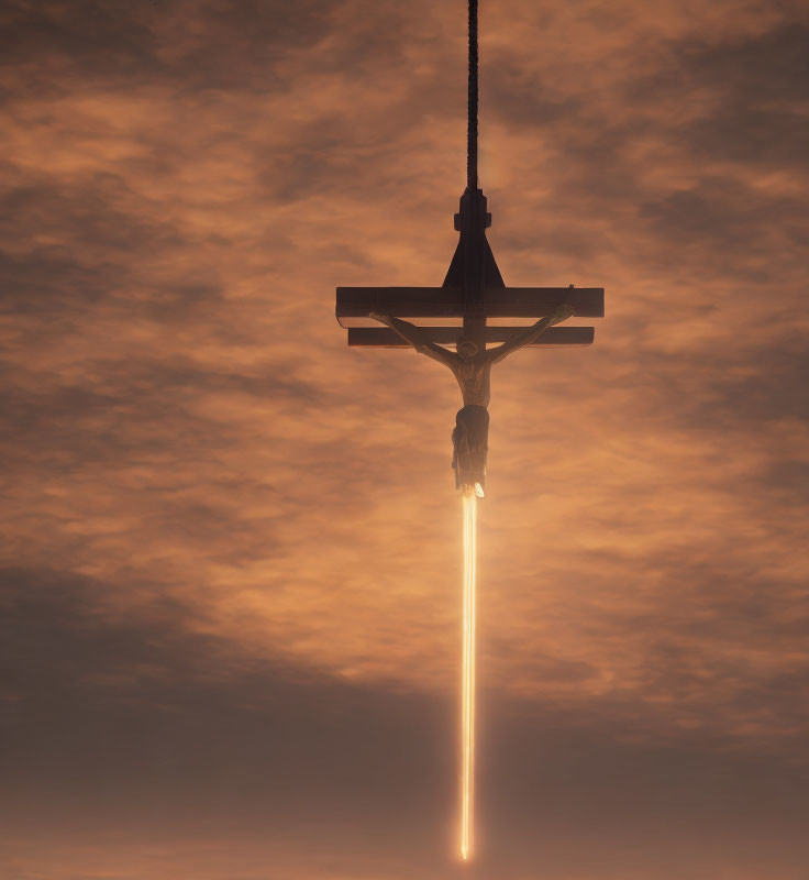 Silhouetted rocket with crucifix and trailing light in dusk sky