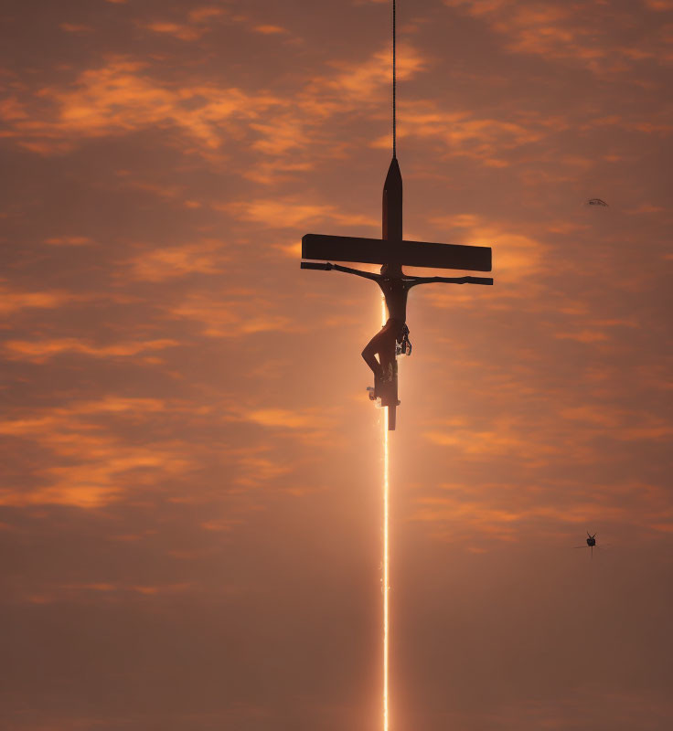 Rocket-propelled object ascends at sunset with fiery exhaust plume and small objects in sky