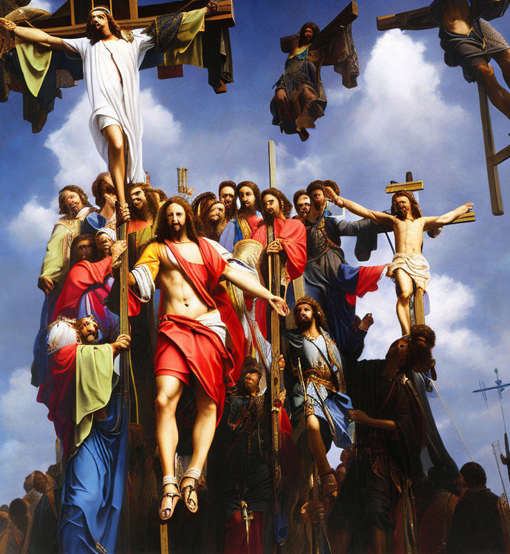Dramatic painting of multiple crucifixions under cloudy sky