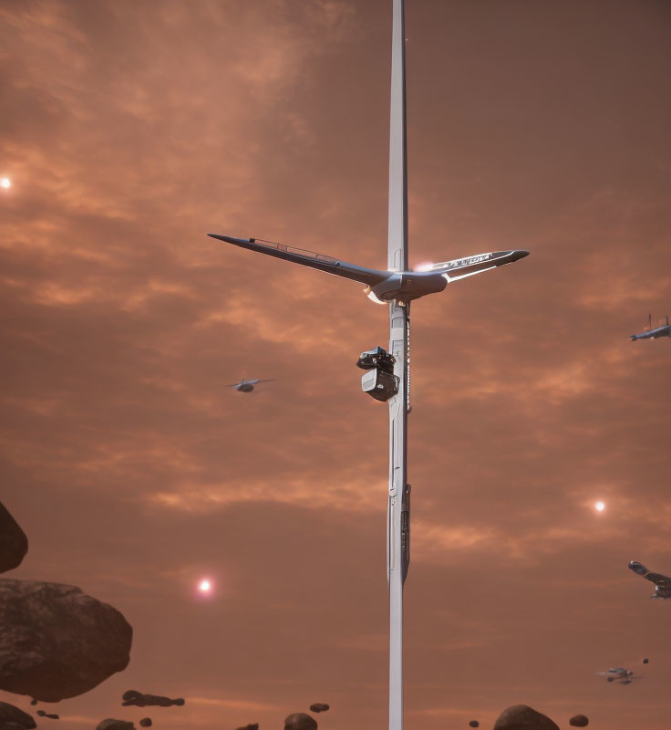 Futuristic vertical take-off aircraft near tall tower in reddish sky with floating rocks