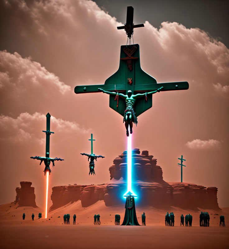 Surreal futuristic desert with floating crucifix-shaped ships and central energy beam