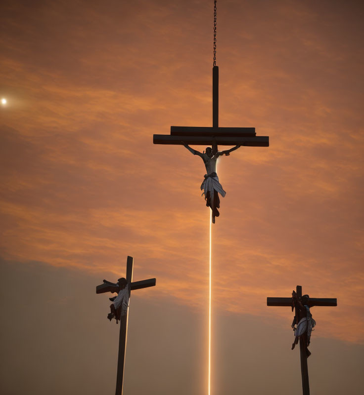 Religious scene: Three crosses at sunset with figures and divine light.
