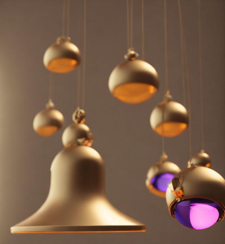 Golden Finish Purple-Tinted Glass Pendant Lights at Varying Heights