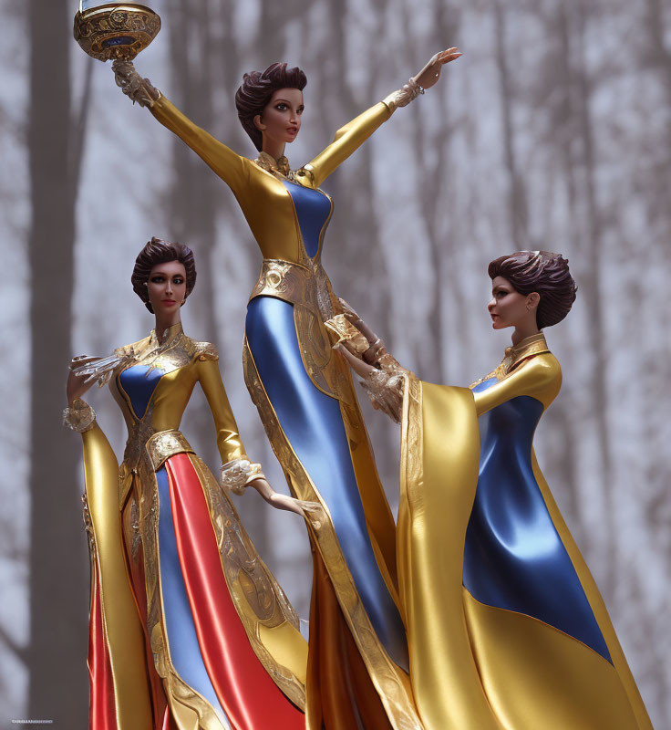 Three female figures in blue and yellow gowns with red capes, dancing in a forest