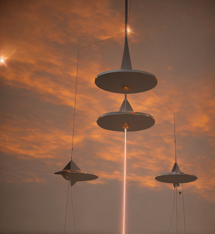 Three UFO-shaped pendant lights against warm sky backdrop with sunbeam.