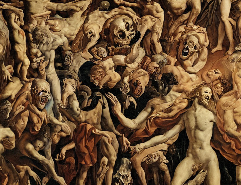 Detailed depiction of chaotic and anguished figures with skeletal entities and expressive faces in a distressing arrangement