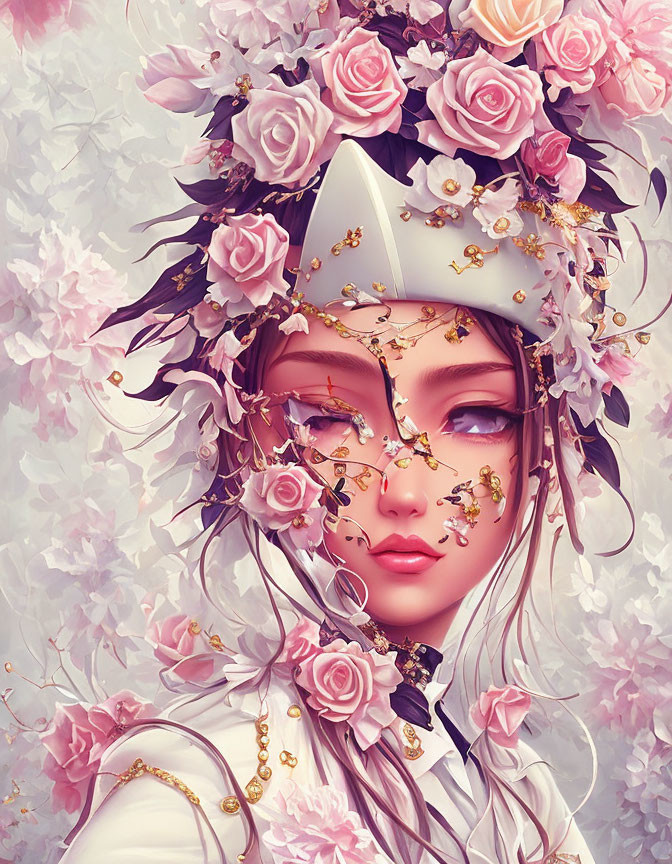 Person with Floral Headdress: Pink Roses, Gold Chains, Serene Expression