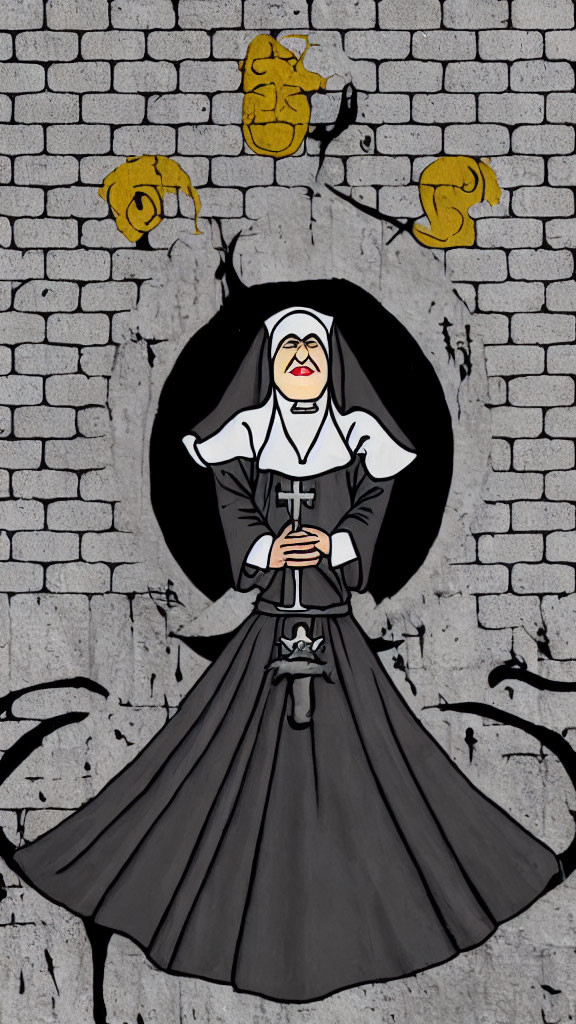 Nun in traditional habit against grey brick wall with yellow graffiti