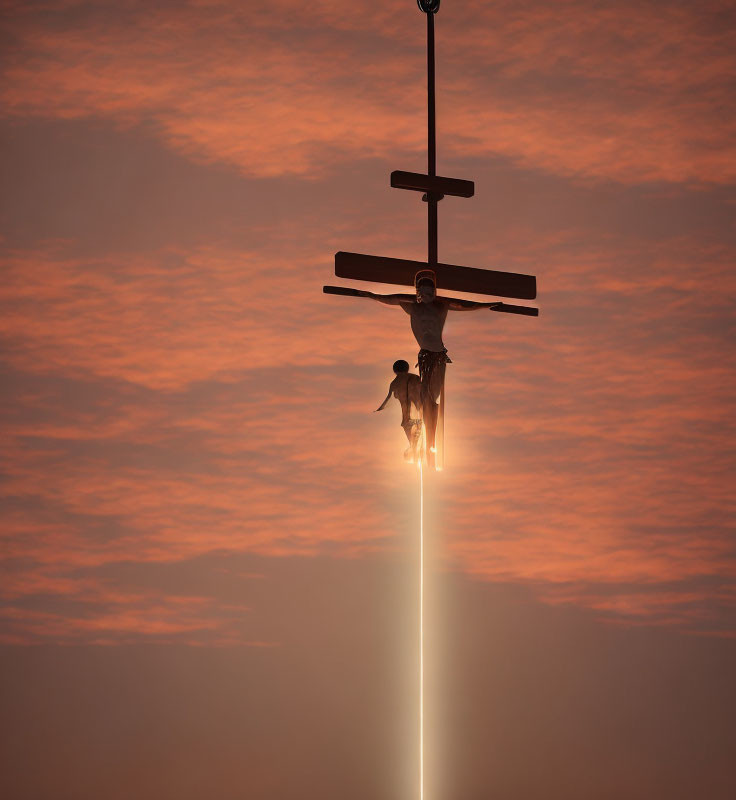 Silhouette of Crucifix with Jesus Figure in Dramatic Orange Sky