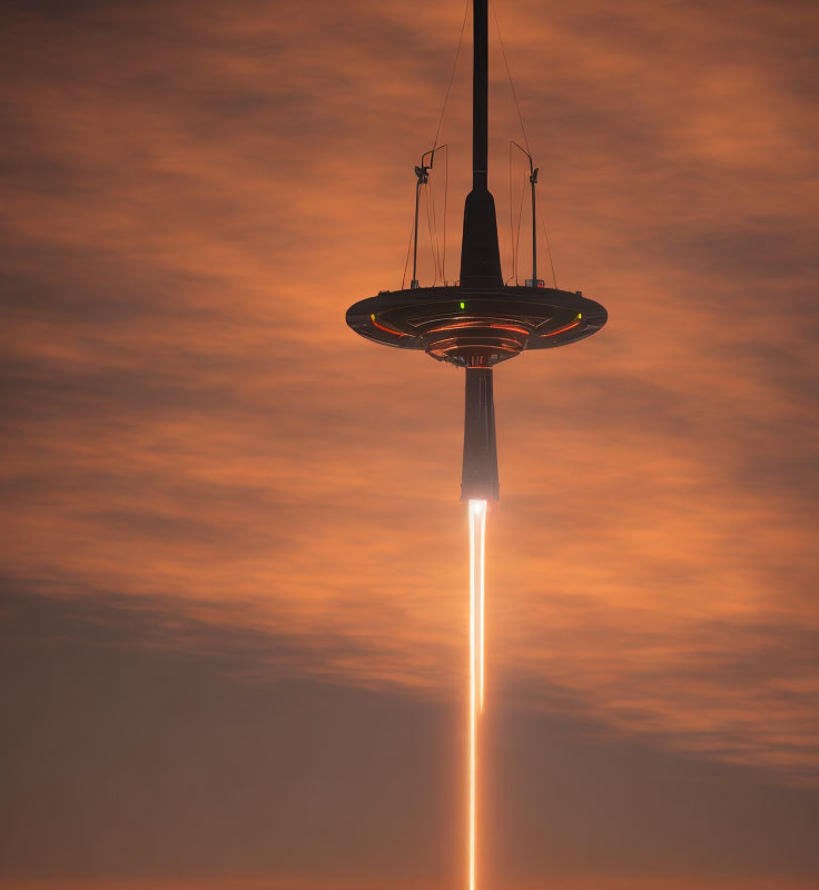 Rocket Launching at Dusk with Fiery Trail and Reddish-Orange Sky