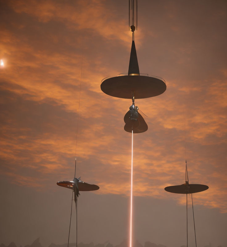 Three UFOs Emitting Beams of Light Descend Through Cloudy Orange Sky
