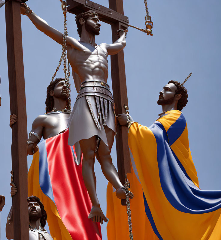 Sculpture of Crucifixion Scene with Period Figures and Blue Sky