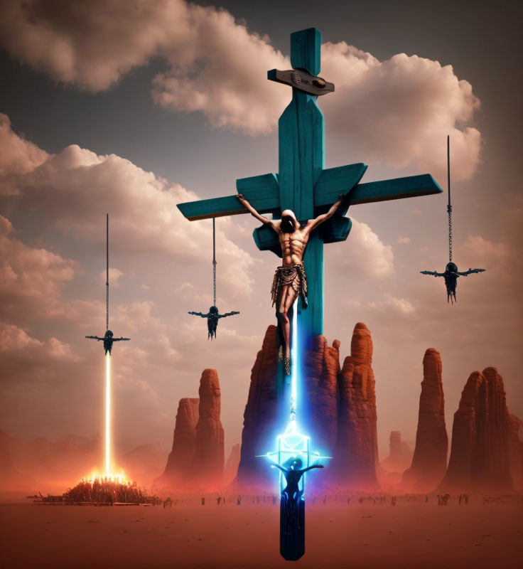 Surreal desert landscape with crucified figures and beams of light