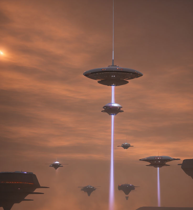 Fleet of Flying Saucers Hovering in Orange Sky