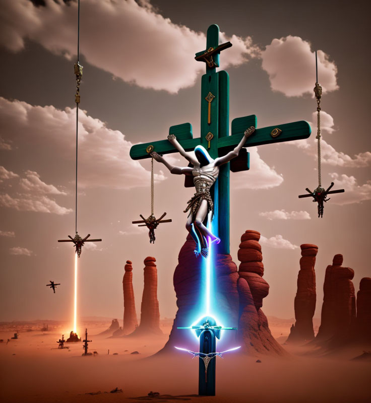 Surreal desert landscape with floating crucifixes and ethereal figures bound to them