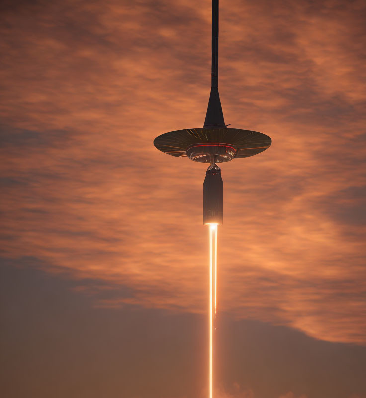 Rocket launching against orange sky with textured clouds