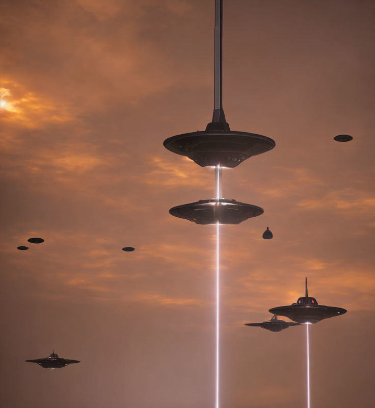 Mysterious UFOs with Glowing Underlights in Dramatic Sky