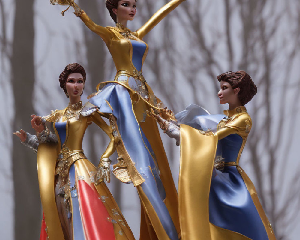 Elegant blue and gold figures with outstretched arms and golden scepter