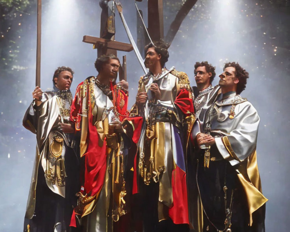 Five individuals in ornate ceremonial attire standing in front of a large cross