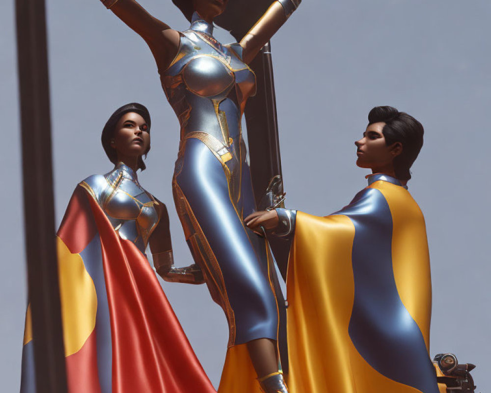 Futuristic figures in metallic suits and capes under clear sky